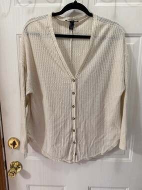 Forever 21 Cream Waffle Knit Button-Down Cardigan Top